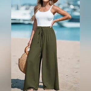 Long Length Elegant Wide Leg Pants - Soft Polyester, Fake Drawstring,